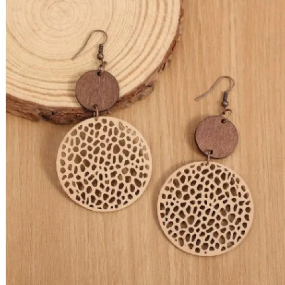 Round Khaki Drop Earrings Bohemian Vintage Wooden Leather‎ Earrings